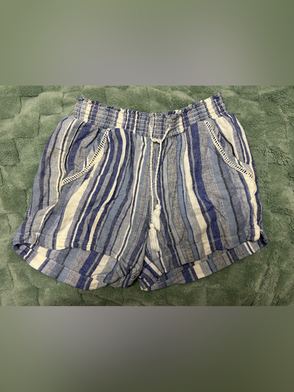 Striped Blue Women’s Casual Drawstring Shorts- Linen